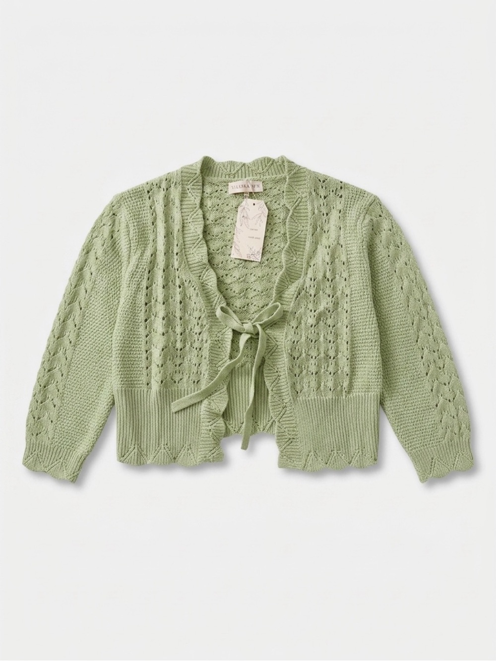 Willow & Wind Smoke Green Pointelle Tie Front Cardigan Sweater Size L NWT